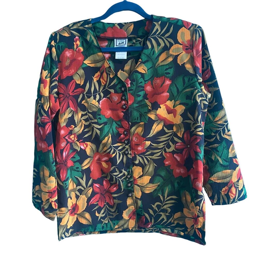 Vintage My Pieces Red and Green Floral Button Up Blouse Women's Medium